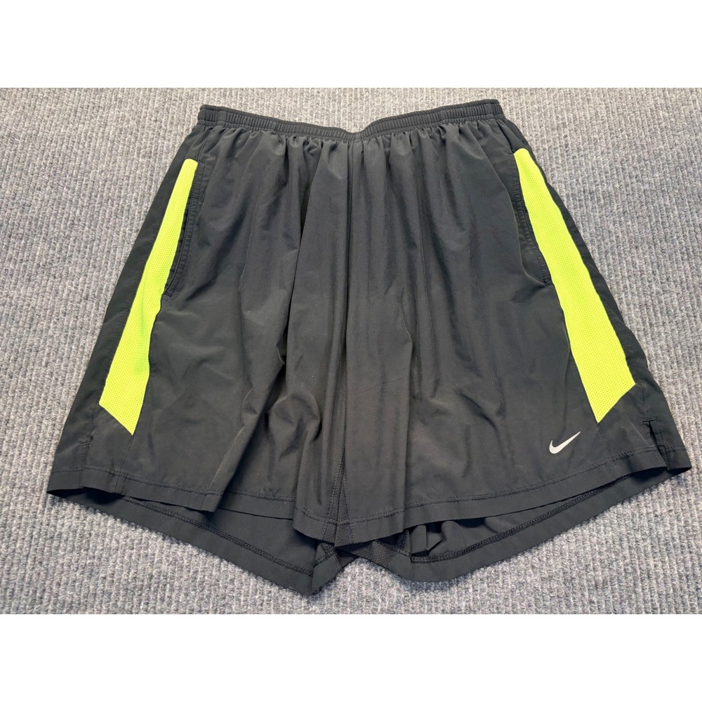Nike Mens Dri-FIT Running Shorts Black Neon Yellow XL Zipper Pocket 7in Inseam